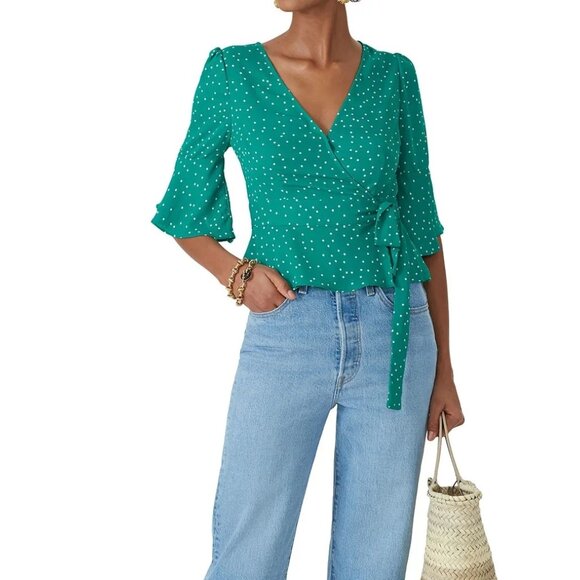 BB DAKOTA - Bright Green & White Polka Flared Sleeve Wrap Blouse Size Small - Picture 7 of 9